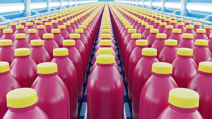 Fototapeta premium Mass Production Line of Pink Plastic Bottles with Yellow Caps