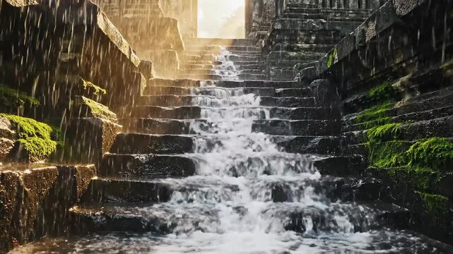 Water Flowing Down Stone Steps Illuminating With Atmospheric Light and Beautiful Scenery