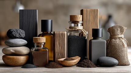 Elegant arrangement of essential oils and natural elements. Glass bottles in various shapes and sizes are beautifully displayed. This image captures calmness and style in a natural setting. AI