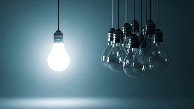 One bright lightbulb shines while others remain dark symbolizing a unique idea or solution