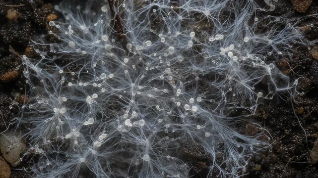 Cross section of underground mycelium network connecting forest roots