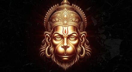 Golden Hanuman Face with Crown and Intricate Details on Black Background