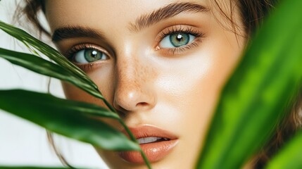 Naklejka premium Captivating portrait of a young woman surrounded by lush greenery in a natural light setting emphasizing beauty and serenity