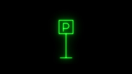 Green Neon Parking Sign Illuminated on Black Background