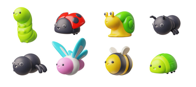 Vector 3D set of kawaii insects, butterfly, bee, caterpillar, spider, ant, beetle, snail, ladybug.