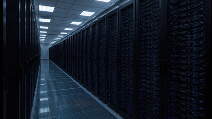 Server room with rows of data servers and racks, data storage, technology infrastructure. Modern data center environment.
