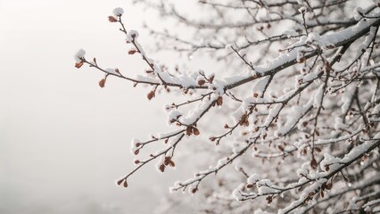 Snow-covered tree branches in winter with snow and ice. Nature and cold weather, scenic landscape. The image of winter trees in a cold environment.