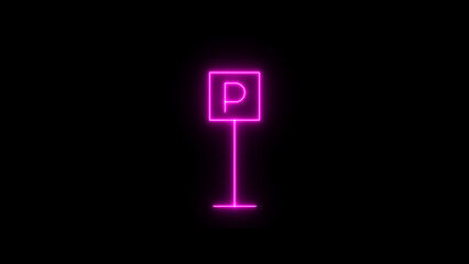 Pink Neon Parking Sign Illuminated on Black Background
