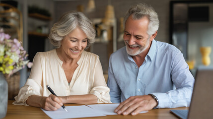Obraz premium A happy senior couple signing legal or financial documents together at a table