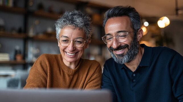 A happy mature couple with a beard and glasses is closely looking at a laptop screen together - Powered by Adobe