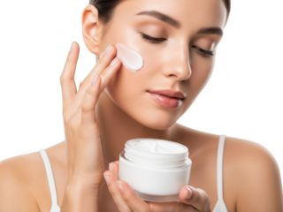 Woman applying moisturizer to her face with eyes closed