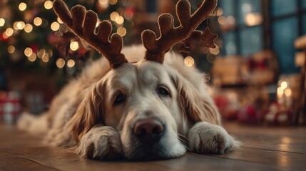 A dog wearing reindeer antlers lying near a Christmas tree with holiday decorations around, 8k, realistic, full ultra HD, high resolution, cinematic photography