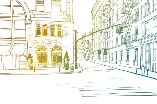 Nice view of Manhattan, Soho, New York, USA. Urban sketch. Old street. Hand drawn background. Vector illustration. Line Art. Postcard style. No people.