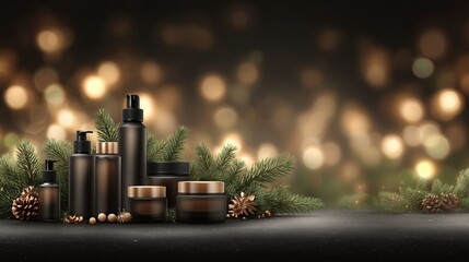 Elegant natural skincare collection with festive pine, golden ornaments, and bokeh lights, ideal for luxurious Christmas winter gifting.