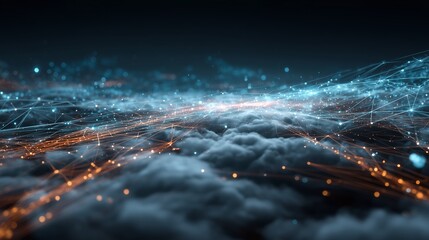 Dynamic Network of Light and Data Over a Cloudy Landscape in a Futuristic Digital Environment with Vibrant Colors