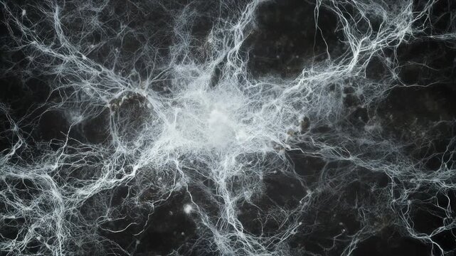 Cross section of underground mycelium network connecting forest roots