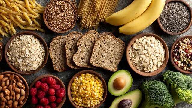 High Fiber Foods and Complex Carbohydrates Assortment with Grains, Fruits, and Vegetables