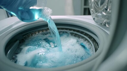 Medium shot of a lowsuds eco detergent being used in a modern washing machine emphasizing watersaving and environmentally safe cleaning