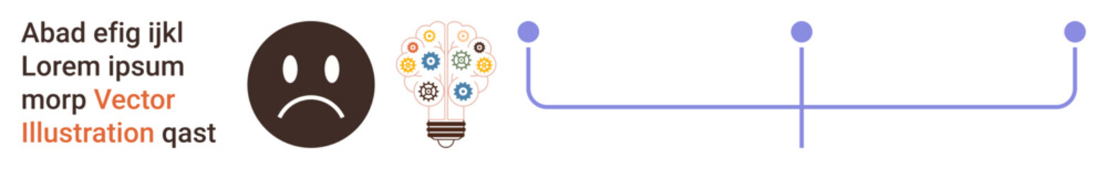 Emotional expression, innovation, data management, progress tracking, creative solutions, workflow visualization. Sad face icon, light bulb with symbols timeline with nodes. Emotional expression