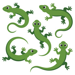 Naklejka premium Set of five cute green cartoon lizards in various poses showing playful and happy expressions on a white isolated background