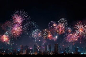 Colorful fireworks display over a city skyline at night. Festive background for New Year's Eve or holiday celebration. Pyrotechnic show over an urban cityscape