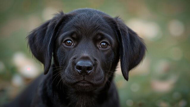 Black puppy with soulful eyes and floppy ears, outdoors in a natural setting. Adorable and curious, the puppy gazes directly at the camera amidst a blurred background.