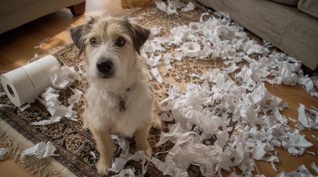 A funny, unfiltered shot of a dog with a very guilty expression, sitting next to a roll of toilet paper that has been completely shredded and scattered all over the living room.