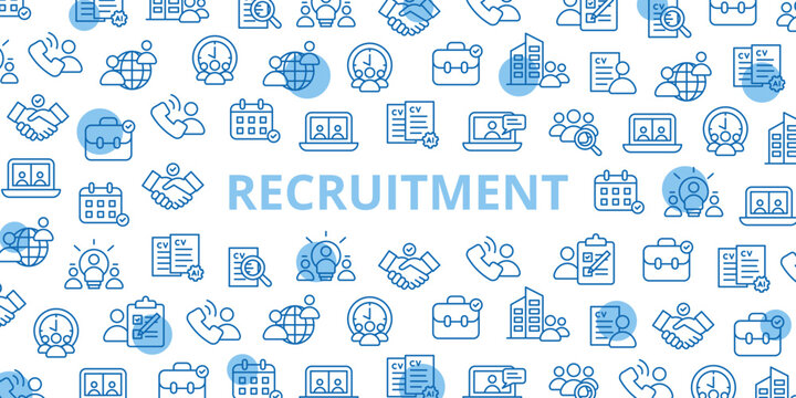 Recruitment-themed background with icons representing hiring, job search, interviews, resumes, teamwork, and human resources. Modern, clean design suitable for business presentations, HR websites.