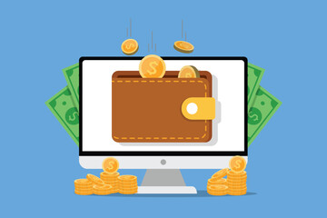Online income concept. Electronic wallet on computer screen with falling gold coins and cash.