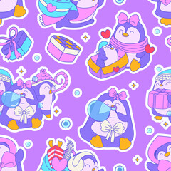 Seamless pattern of festive penguin in wonderland filled with joyful holiday charm and whimsical winter cheer. Vector illustration.