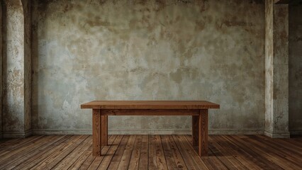 Empty wooden table in an abandoned room with concrete walls and wooden floor. 1893