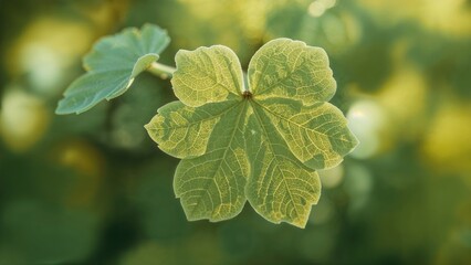 Close-up of a green leaf with detailed veins, surrounded by blurred foliage. Nature and plant life, concept. Vegetation and botanical themes. The concept of plant growth and ecology.