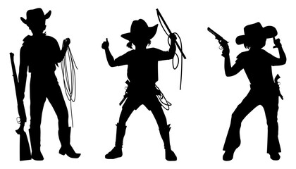 Children silhouettes in cowboy costumes. Vector illustration	
