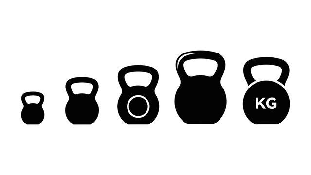 A row of different sized kettlebell icons in black silhouette for weight training