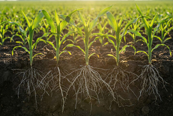 Healthy Young Corn Sprouts With Extensive Root Systems In Sunlit Agricultural Environment