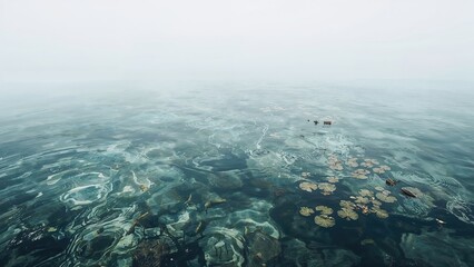 Obraz premium Aqua marine landscape with aquatic plants and a partially submerged area. Nature and water ecosystem. Water and aquatic environment. The concept of aquatic life and underwater scenery