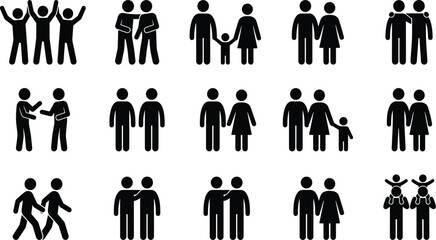 Human interaction, relationship icons, black silhouette, family figures, social connection, vector design, people posture, community symbol, illustration, gridHuman interaction