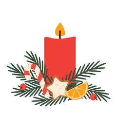 festive, christmas, advent candle decorated with fir twigs, candy cane, slice of orange and berries; cozy holiday arrangement, winter seasonal decoration - vector illustration