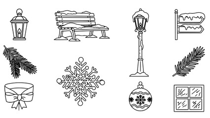 Fototapeta premium Charming Collection of Winter Holiday Line Art Illustrations and Decorative Elements Set