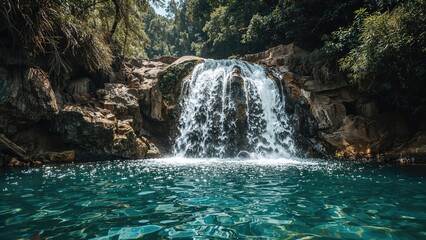 Waterfall cascading into a pool in a lush forest setting. Nature and scenery, concept. Environmental and aquatic landscapes. The concept of natural water features.