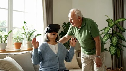 An elderly couple shares a joyful moment with virtual reality technology.