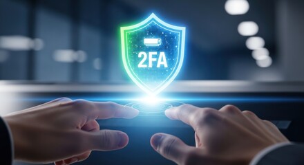 Businessman activating two-factor authentication shield icon with glowing interface, for digital security, access control, data protection, modern verification method