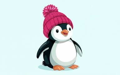 Fototapeta premium Cute cartoon penguin wearing a pink knitted hat. Adorable winter bird character illustration isolated on a light blue background