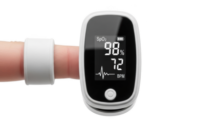 Finger pulse oximeter displays 98 percent oxygen and 72 bpm fingertip medical device