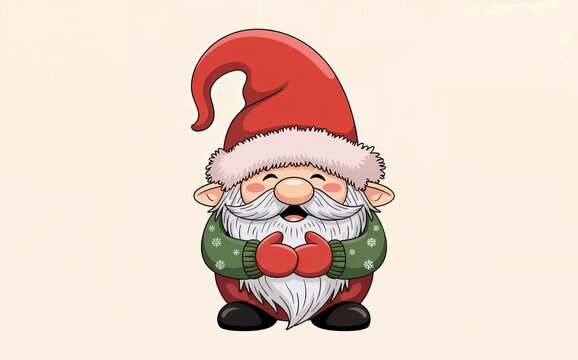 A cheerful cartoon illustration of a Christmas gnome. Festive Scandinavian character with a red hat and white beard isolated on a light background with copy space