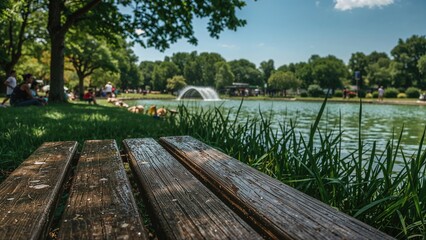 A park scene with a wooden bench in the foreground, a lake with a fountain, and lush green trees under a partly cloudy sky.