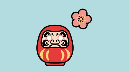 Obraz premium Cute Cartoon Daruma Doll with Blossoming Cherry Flower Illustration for Japanese Culture and Celebratory Themes