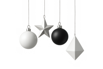 Minimalist christmas ornaments hanging, concept of festive decoration with geometric shapes and modern elements