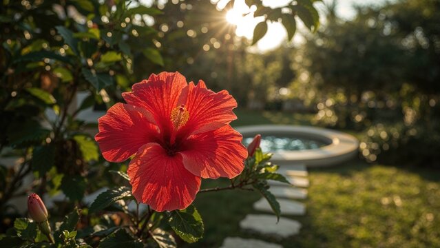 Red hibiscus flower in a garden with sunlight and greenery. Nature, flowers, and outdoor setting. The beauty of flora in a peaceful environment