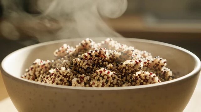 A steaming bowl of quinoa showcasing healthy cooking and natural aromas.